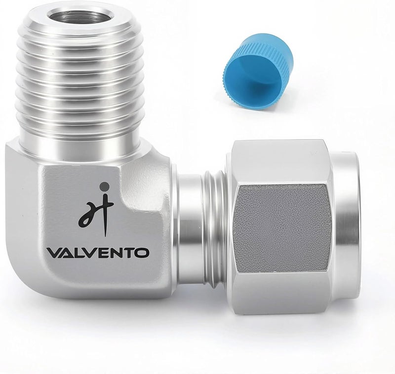 VALVENTO 316 Stainless Steel 90 Degree Compression Tube Fitting 3/8" OD x 3/8" NPT Male Adapter Connector with Double Ferrules for Oil, Chemical, and Natural Gas Connections, 1 PC - Image 1